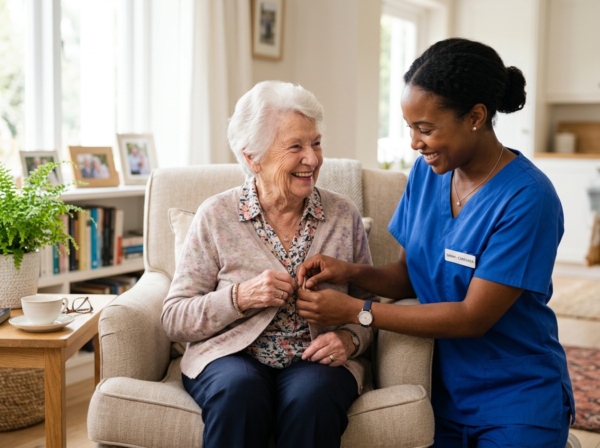 Caregiver warmly assisting older adult at home with dignity